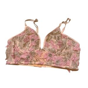 Womens Romantic Lingerie Sheer Embroidered Floral Lace Bralette Pink Small